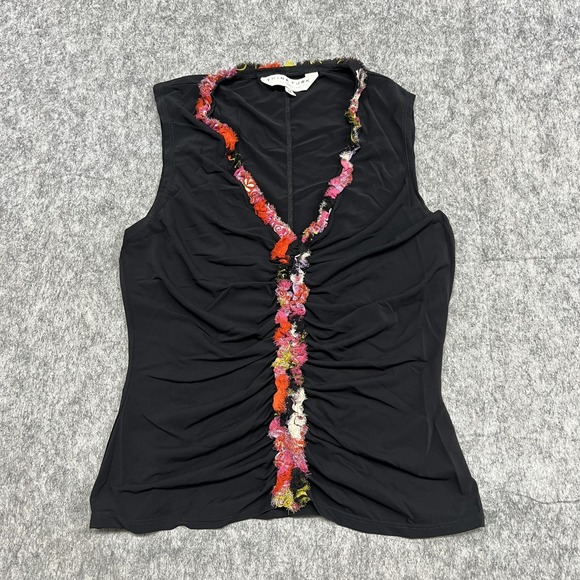 Trina Turk Top Womens Medium Black Sleeveless Ruched V Neck Floral Trim Blouse - Picture 1 of 11